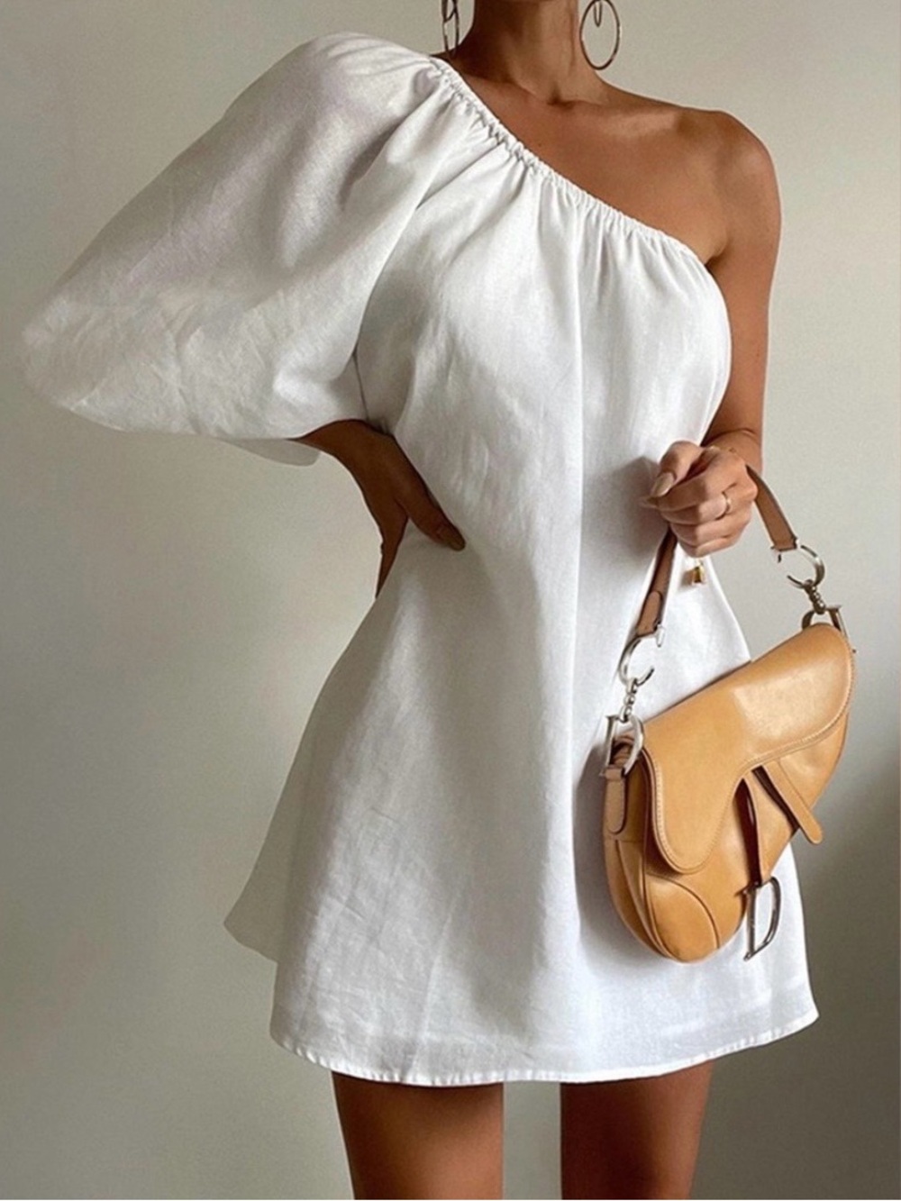 NWT Commense Aegean Cotton Linen One Sleeve White Short Dress - S